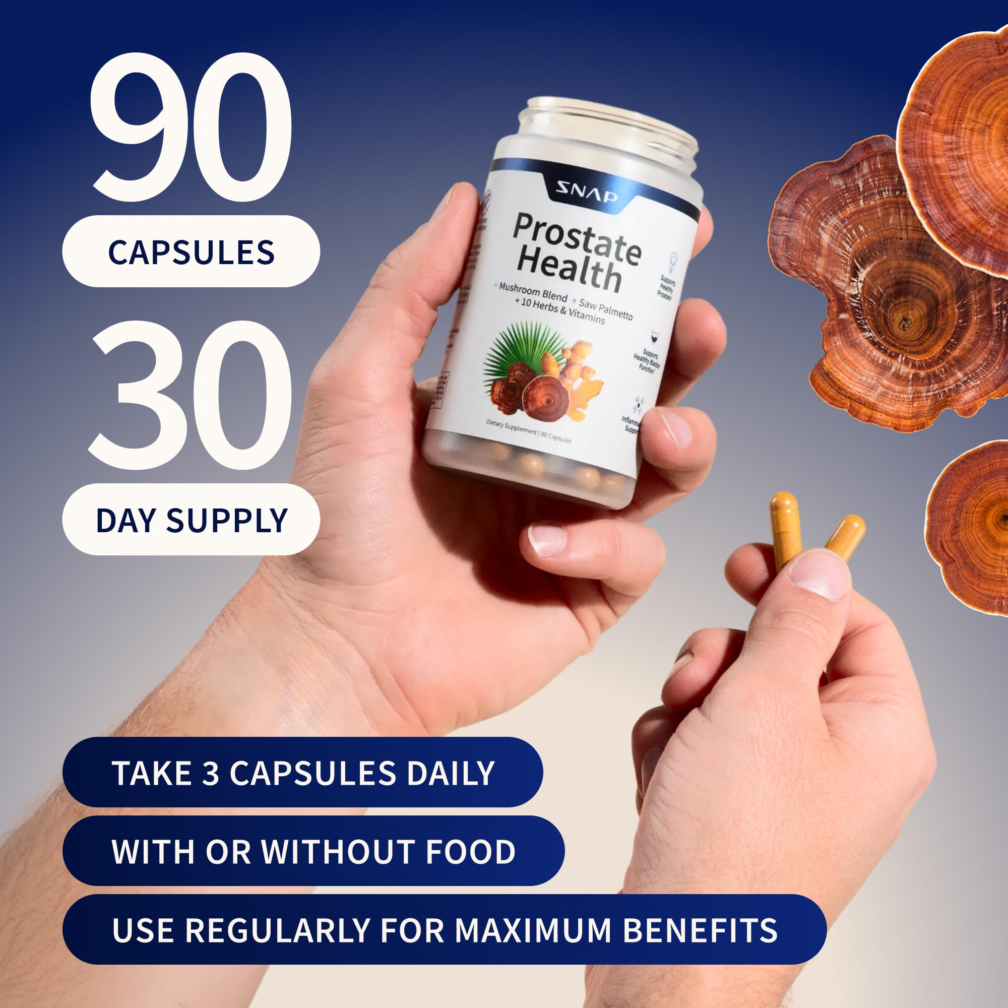 Snap Supplements Prostate Health mushroom blend with maitake and reishi for antioxidant support.