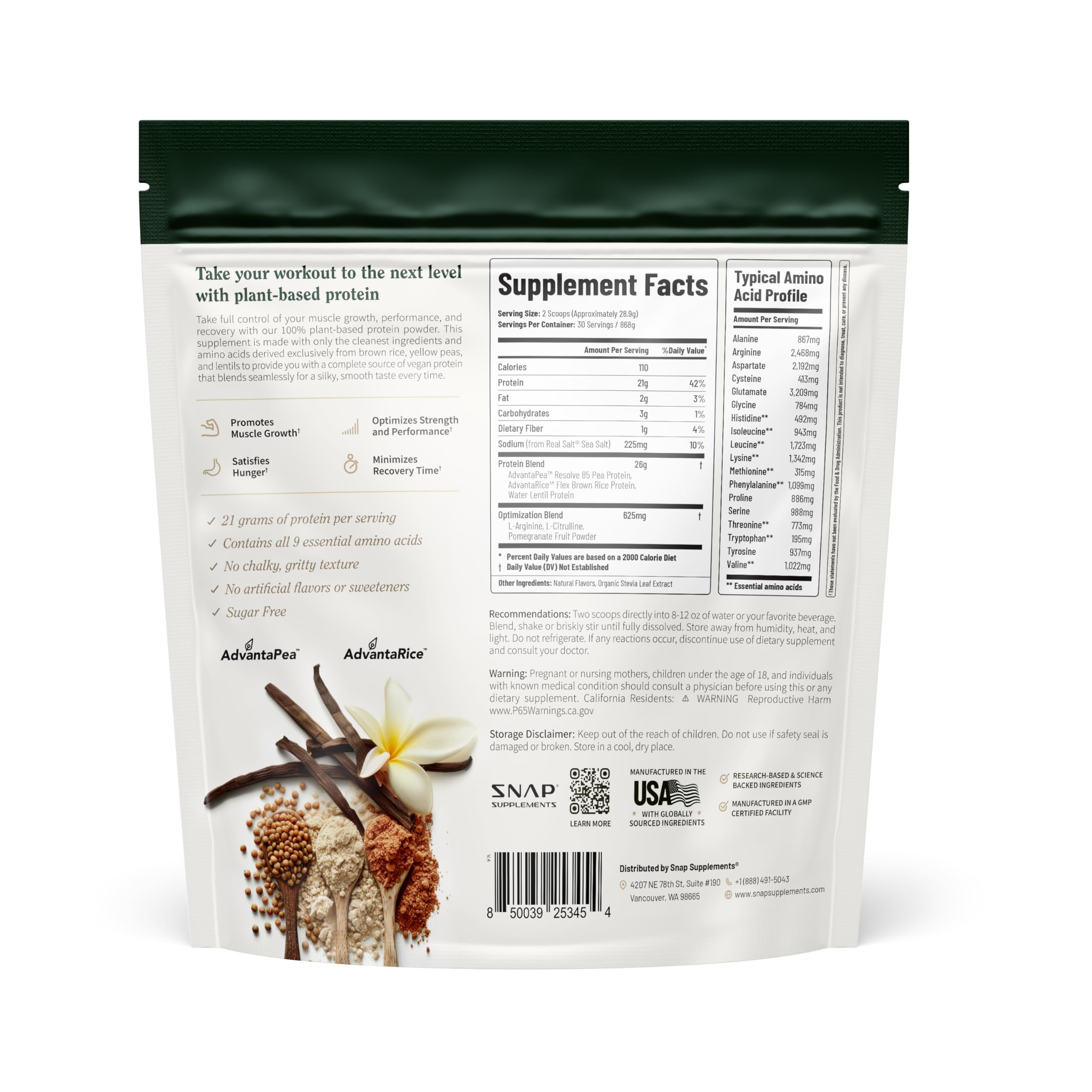 Snap Supplements vanilla bean nutrition facts highlight protein and amino acids.