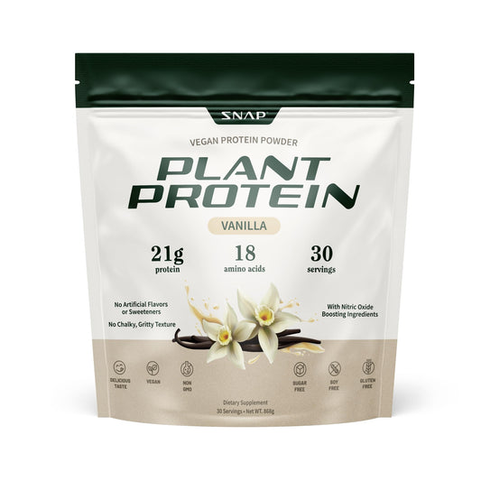 Snap Supplements Vanilla Bean organic protein powder tub for daily shakes.
