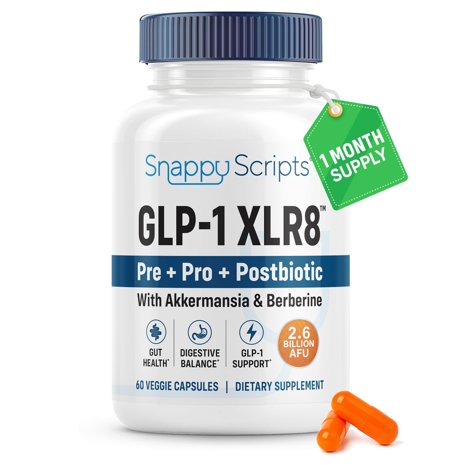 Snappy Scripts GLP-1 XLR8 bottle pour supports easy daily use and gut-friendly routine.