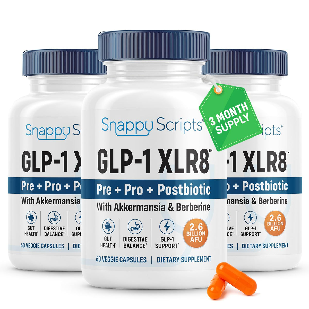 Snappy Scripts GLP-1 XLR8 bottle for on-the-go daily wellness.
