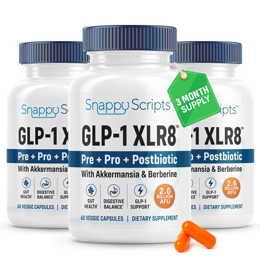 Snappy Scripts GLP-1 XLR8 bottle for on-the-go daily wellness.