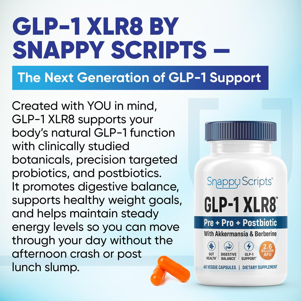 Snappy Scripts GLP-1 XLR8 ingredient blend showing Akkermansia and Berberine