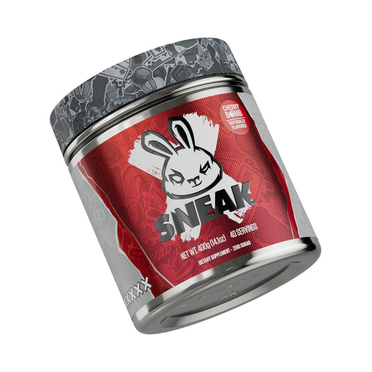 SNEAK Cherry Bomb powder tub front highlighting zero sugar and clean energy