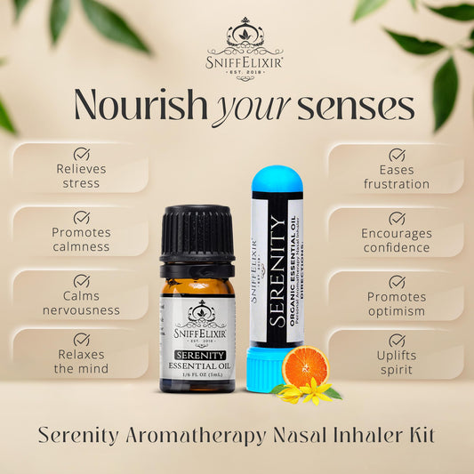 SniffElixir Serenity oil blend bottle: premium essential oil for mood support