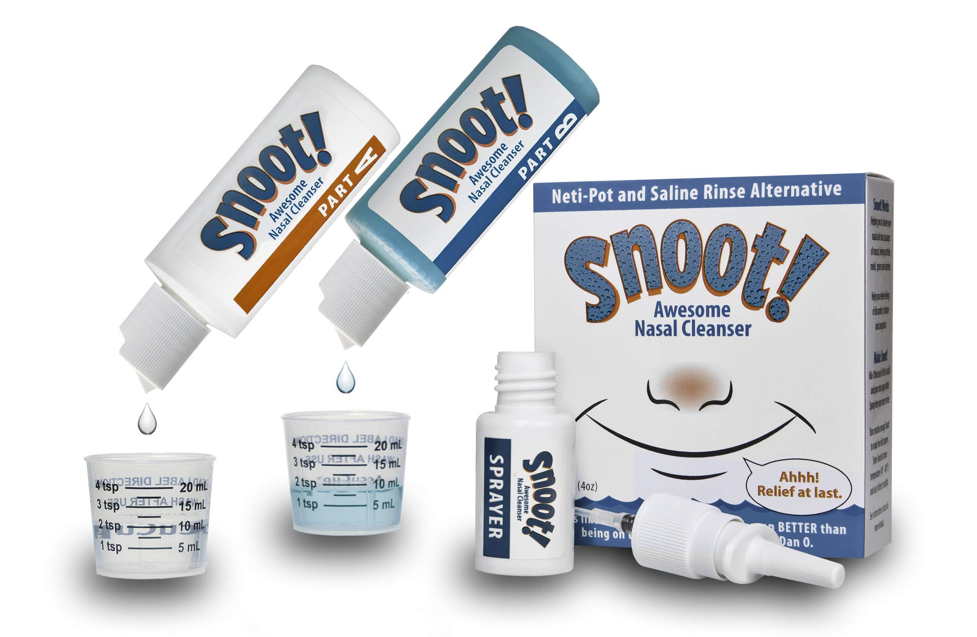 Two-part mixing cups shown with Snoot! nasal cleanser.