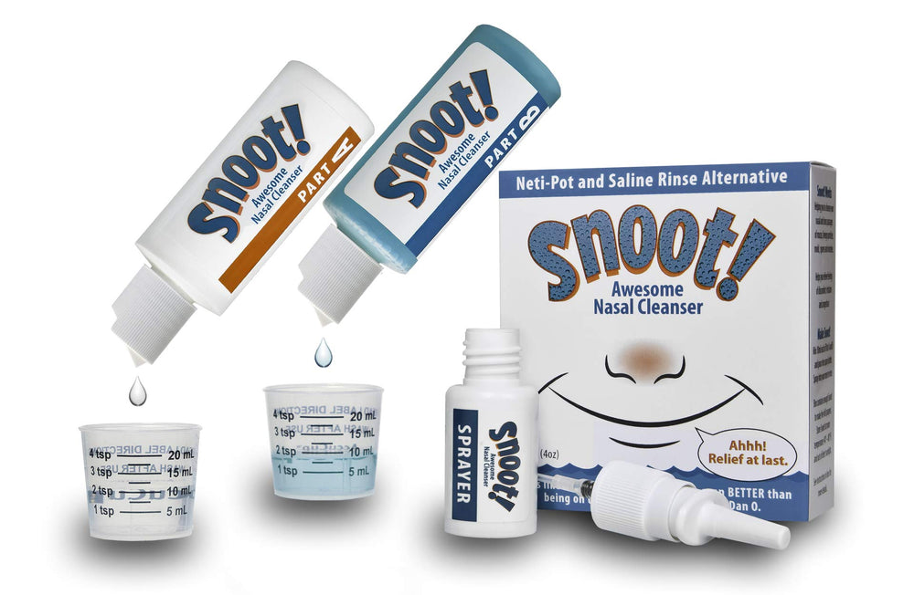 Two-part mixing cups shown with Snoot! nasal cleanser.