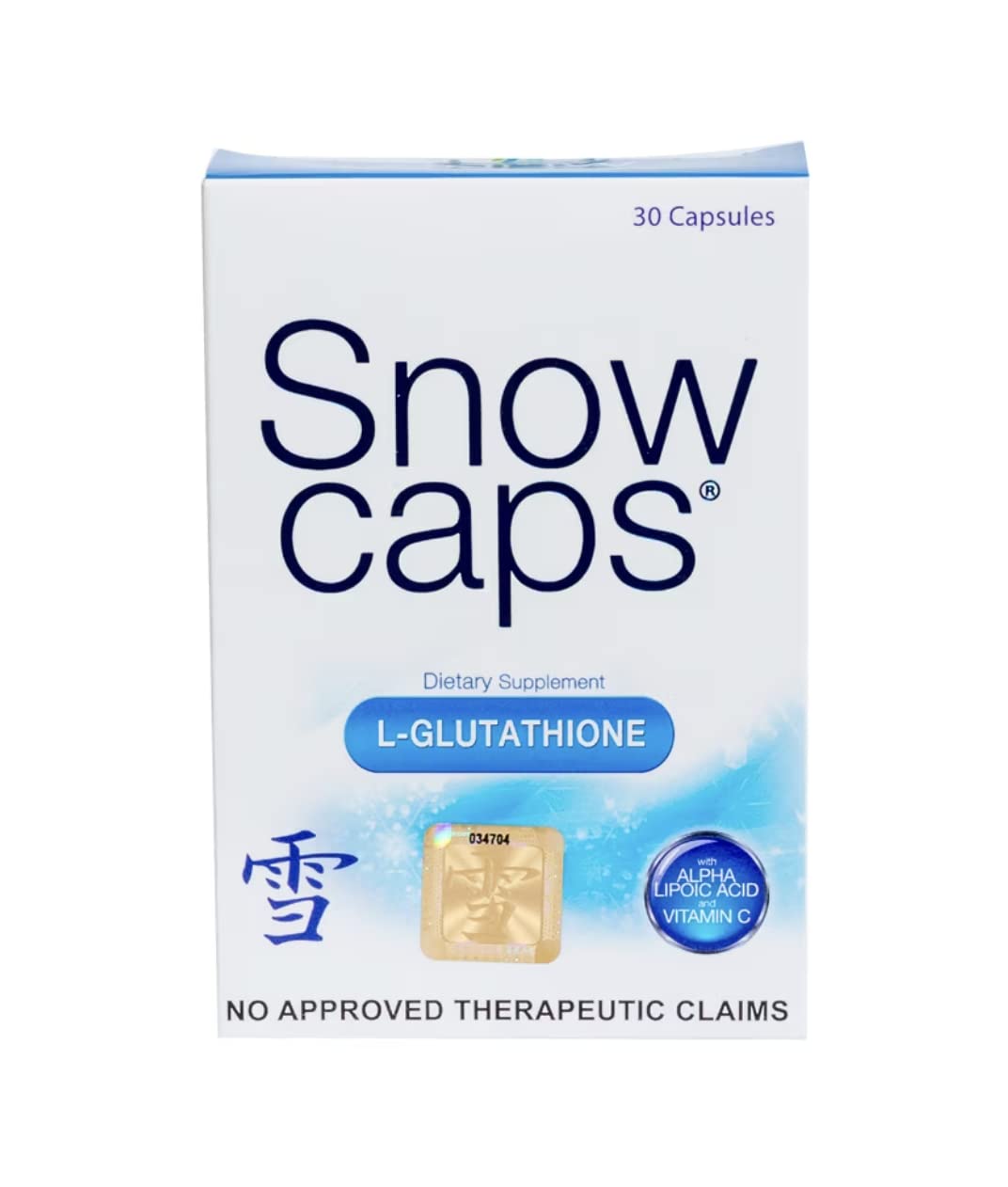 Snow Caps bottle opened showing capsules for a 30-day glow