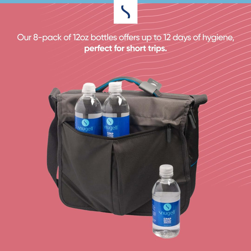 Snugell CPAP water bottle in a compact travel case for trips.