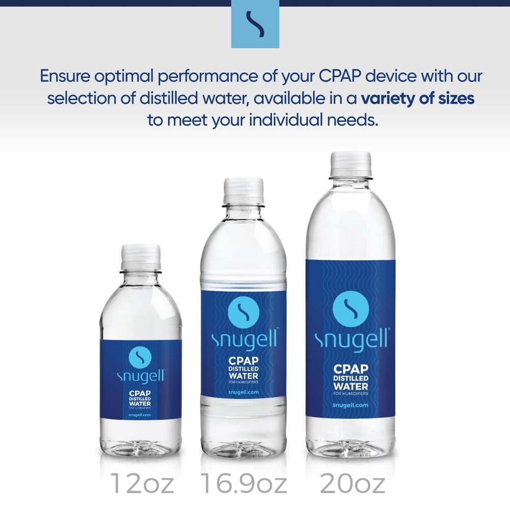 Close-up of Snugell distilled water label showing USA-made purity.