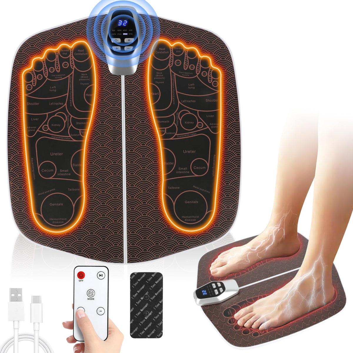 SNUYUERS TENS foot stimulator pads shown to ease leg discomfort and support circulation.