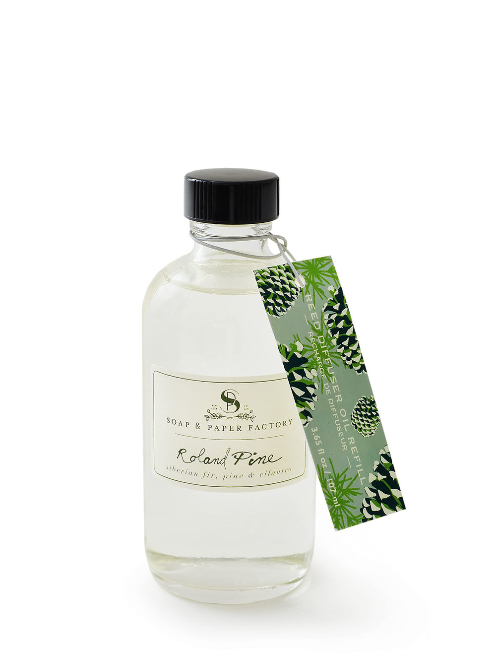 Soap & Paper Factory Roland Pine diffuser bottle exudes chic style with forest-inspired scent.