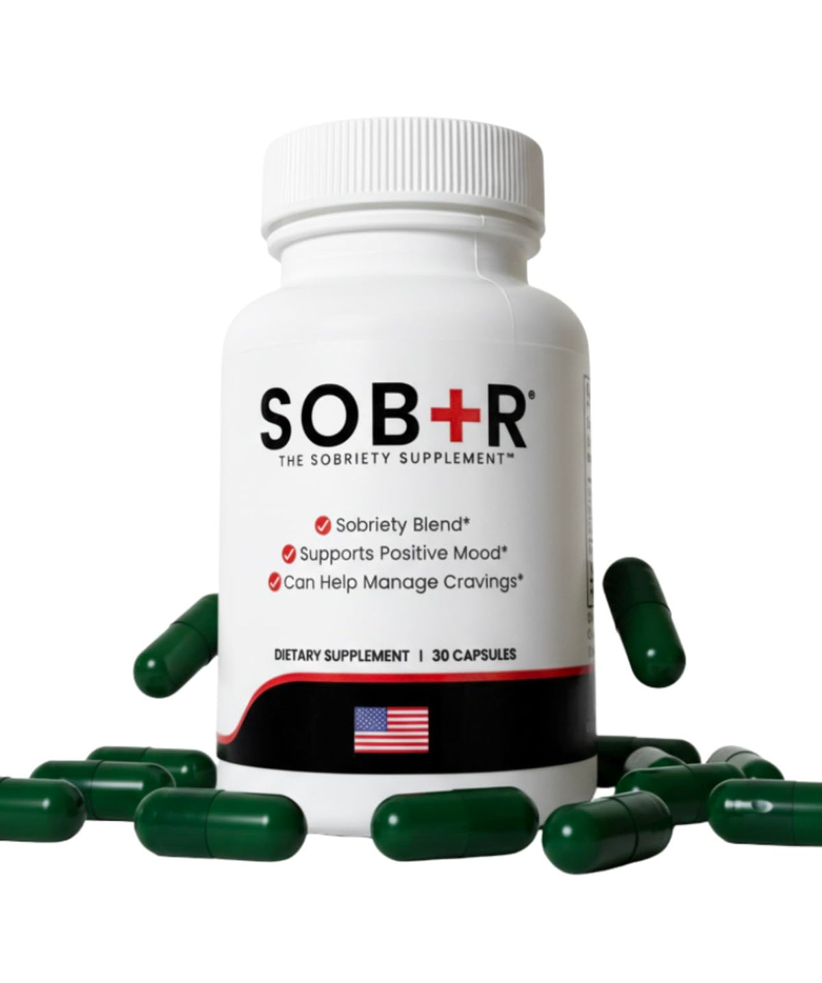 SOB+R Natural Drug Recovery Supplement bottle front with label.