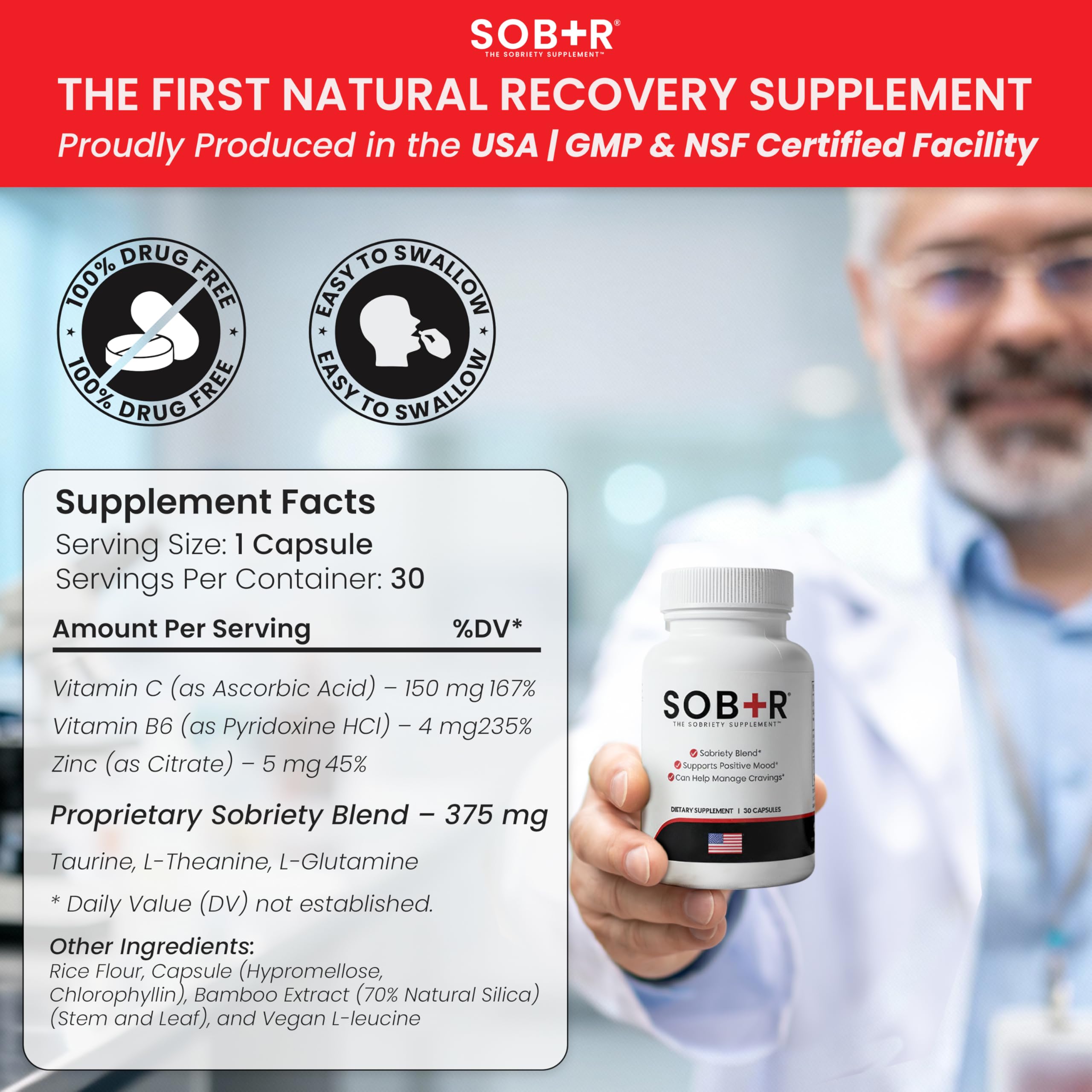 SOB+R capsules closeup shows vegetarian formula for mood and focus.