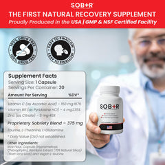 SOB+R capsules closeup shows vegetarian formula for mood and focus.