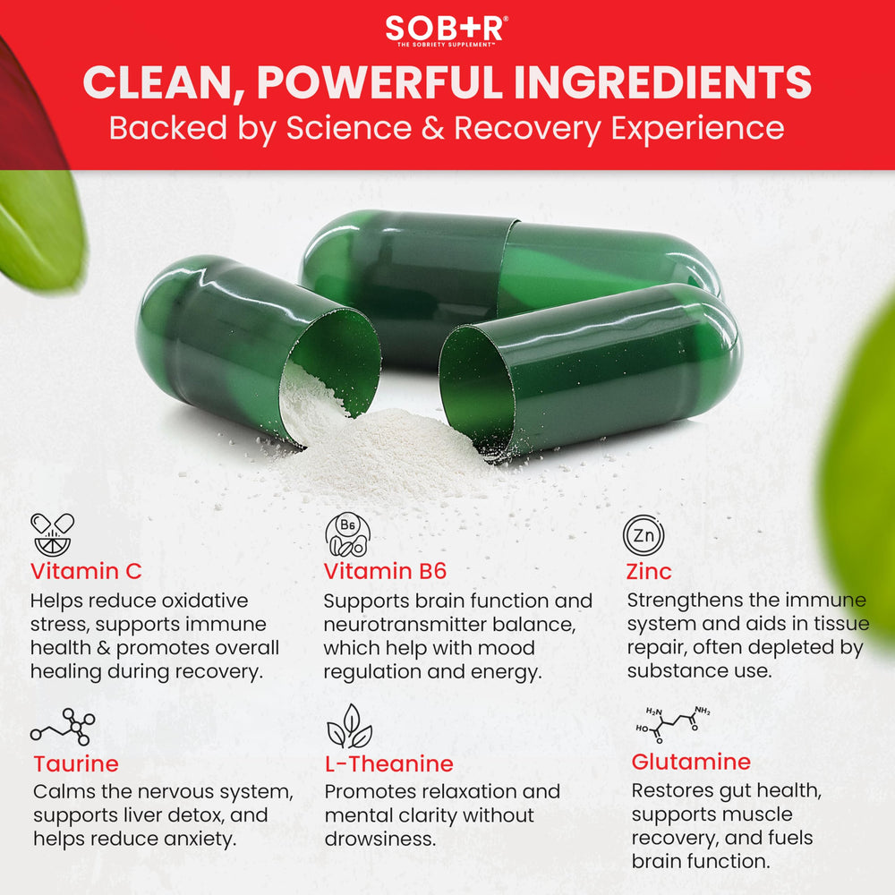 SOB+R ingredients panel reveals vitamins and amino acids.