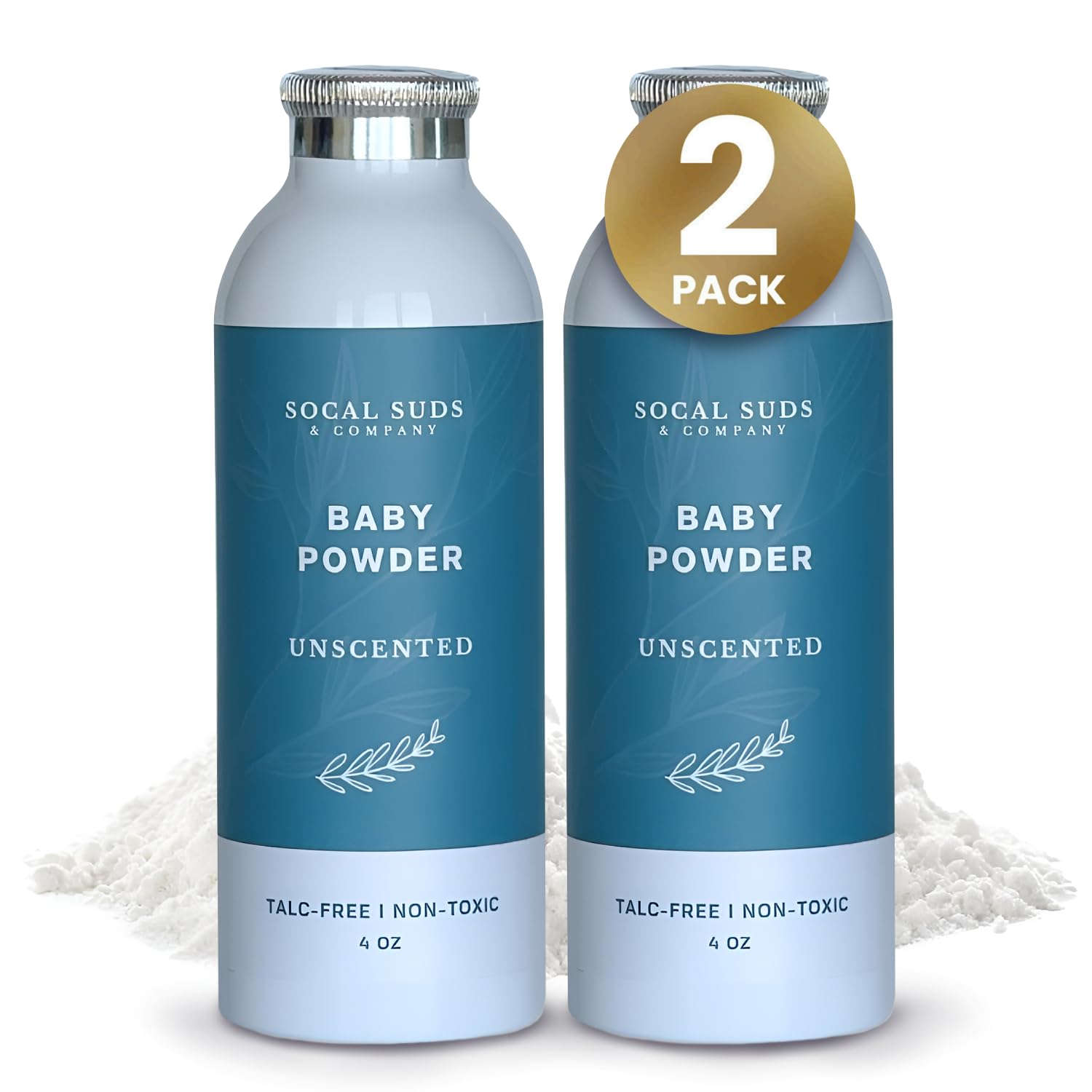 SoCal Suds & Company unscented baby powder bottle shows talc-free formula for gentle moisture absorption.