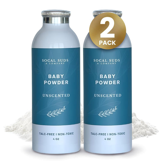 SoCal Suds & Company unscented baby powder bottle shows talc-free formula for gentle moisture absorption.
