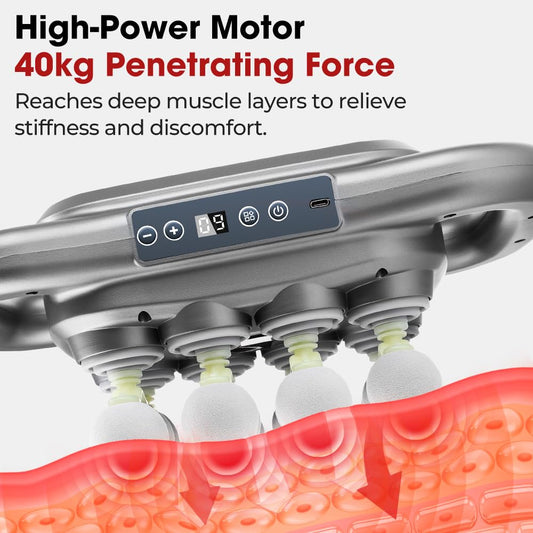 Soffiya massage gun demonstrating heat function soothing tired muscles.