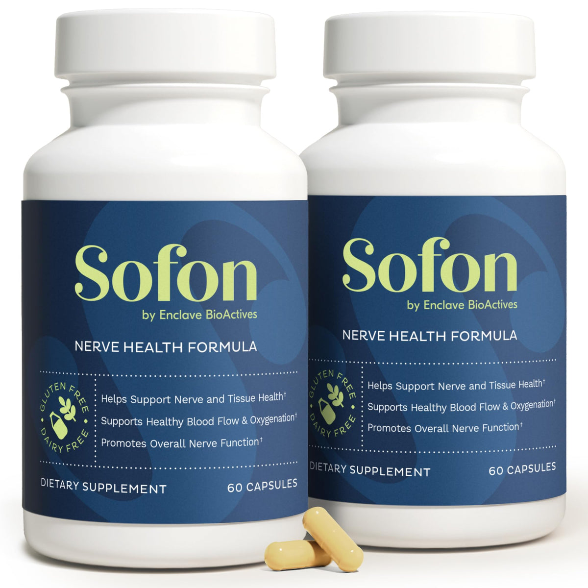 Sofon Nerve Support bottle front shows 60 capsules for daily nerve health.