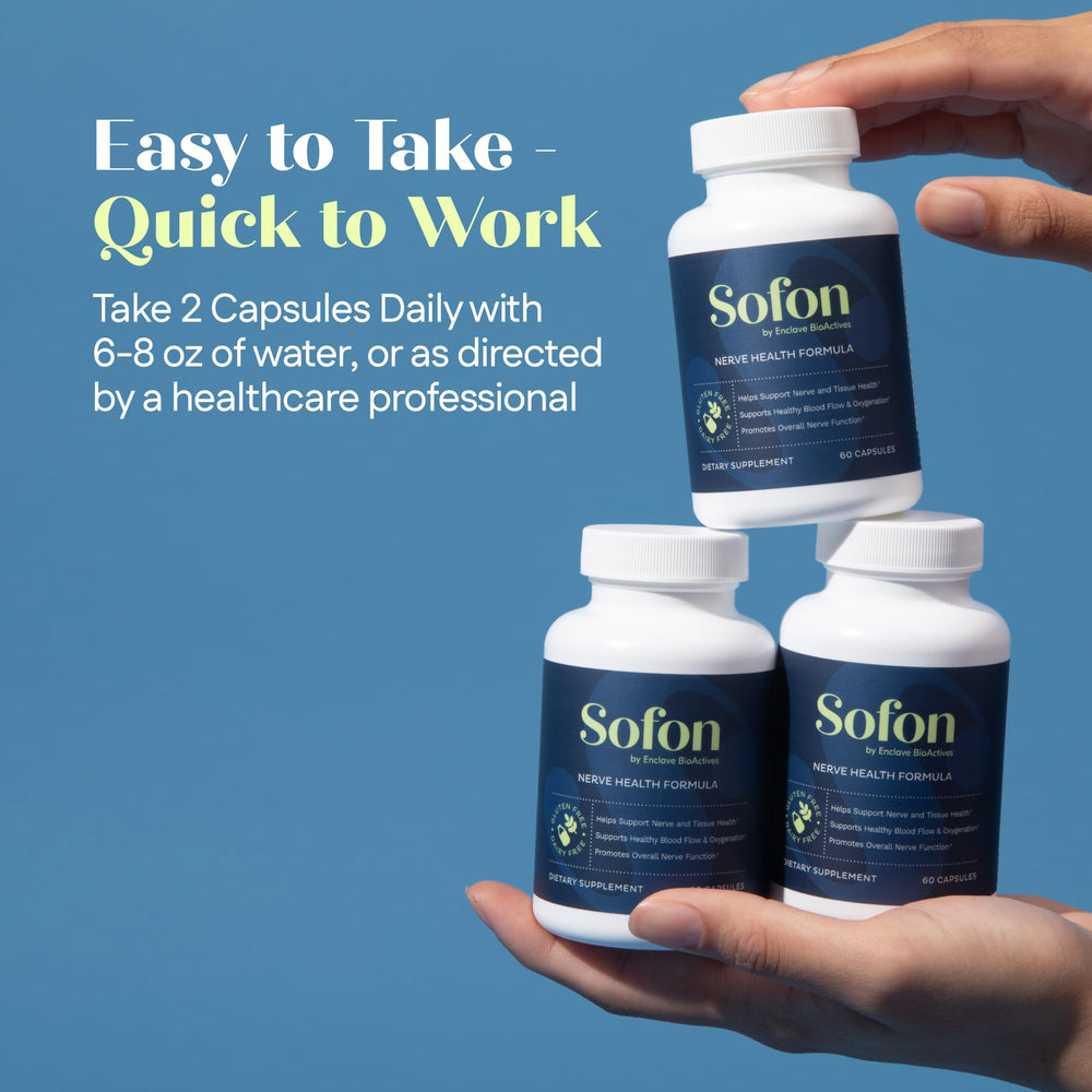 Sofon Nerve Support capsules in hand for easy on-the-go use.