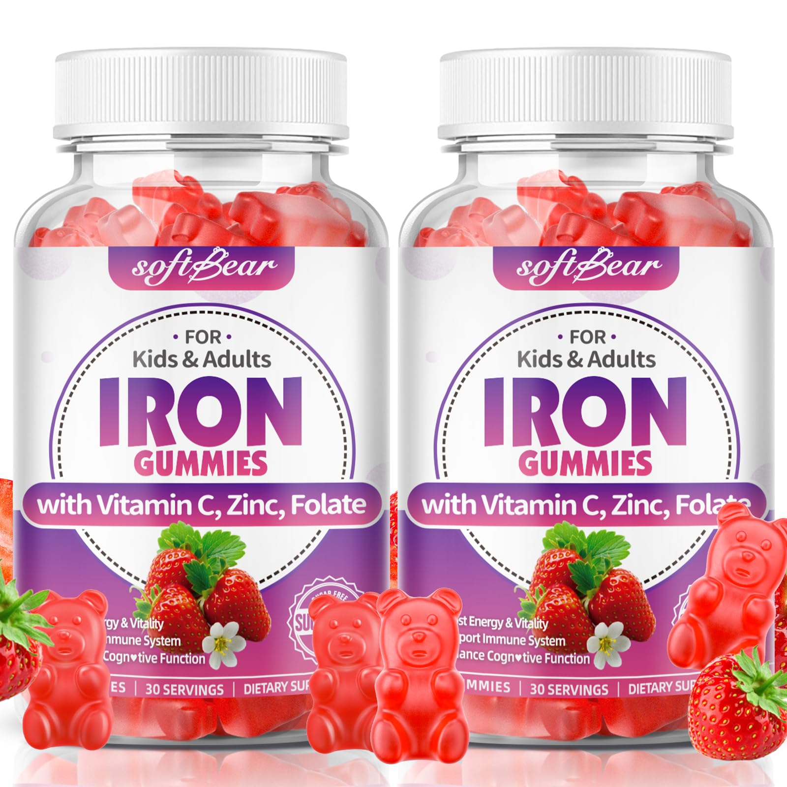 SoftBear Iron Gummies jar with strawberry flavor for daily vitality