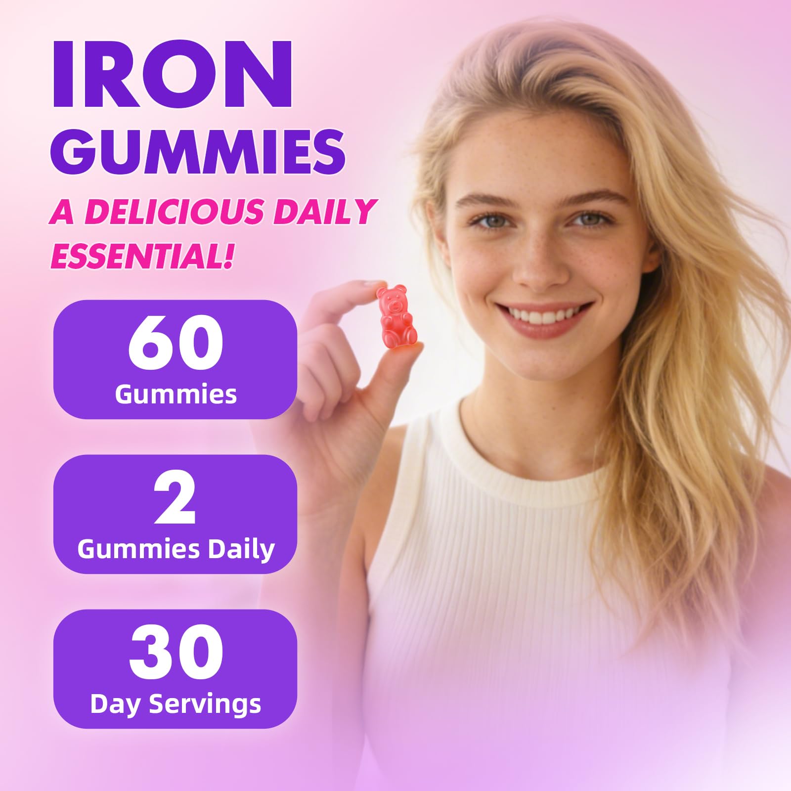 SoftBear Iron Gummies with vegan certification icon signaling plant-based iron support