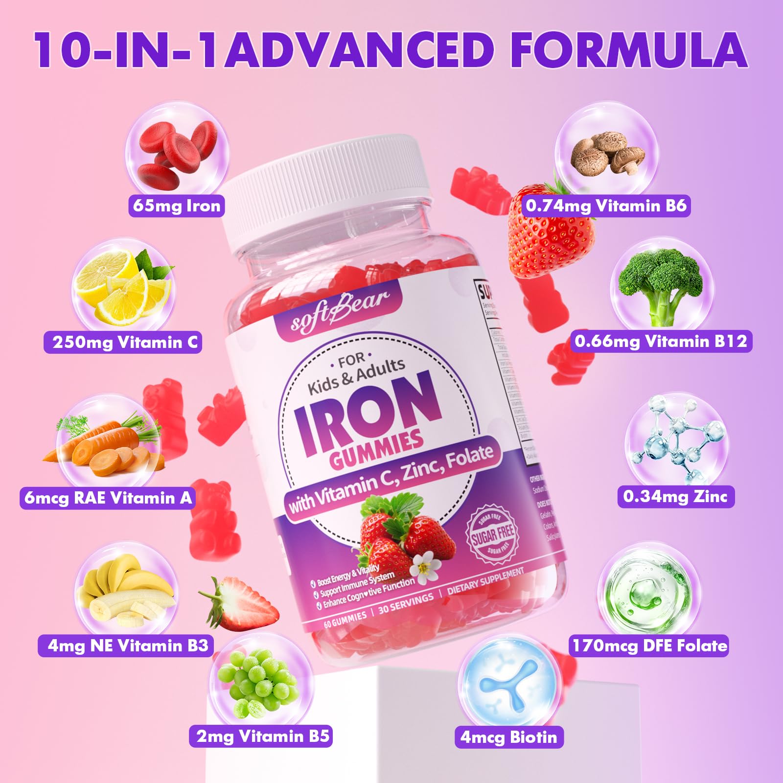 SoftBear Iron Gummies vegan label highlighting gluten-free and sugar-free ingredients