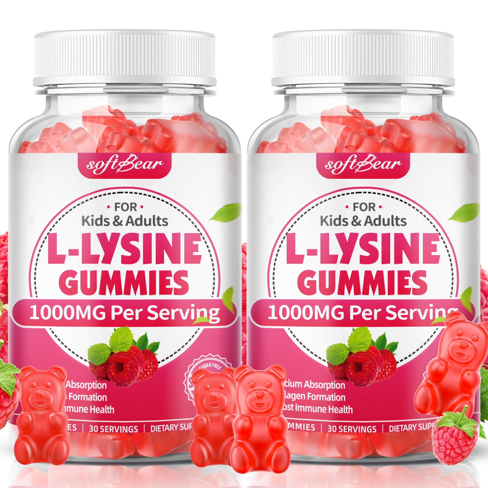 SoftBear L-Lysine Gummies bottle shows 1000mg serving for daily support