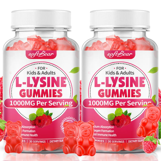 SoftBear L-Lysine Gummies bottle shows 1000mg serving for daily support