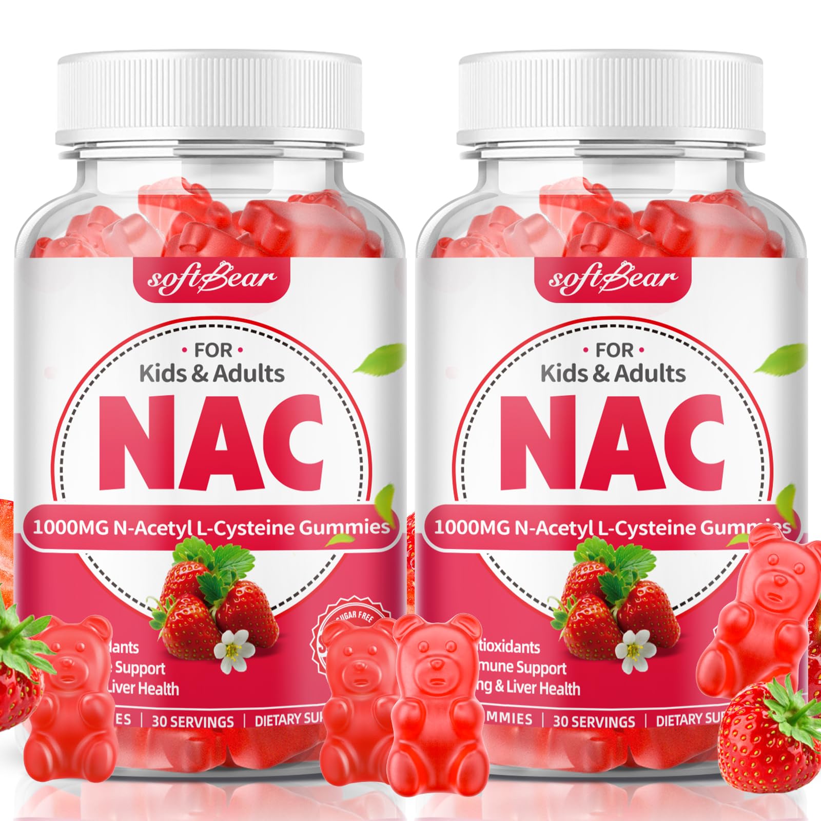 SoftBear NAC gummies bottle showing 1000mg serving for lung and liver support