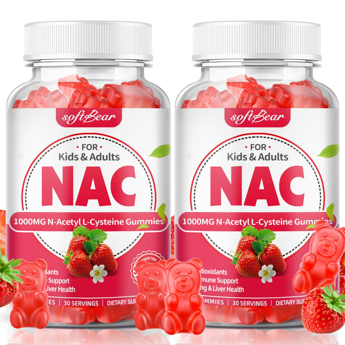 SoftBear NAC gummies bottle showing 1000mg serving for lung and liver support
