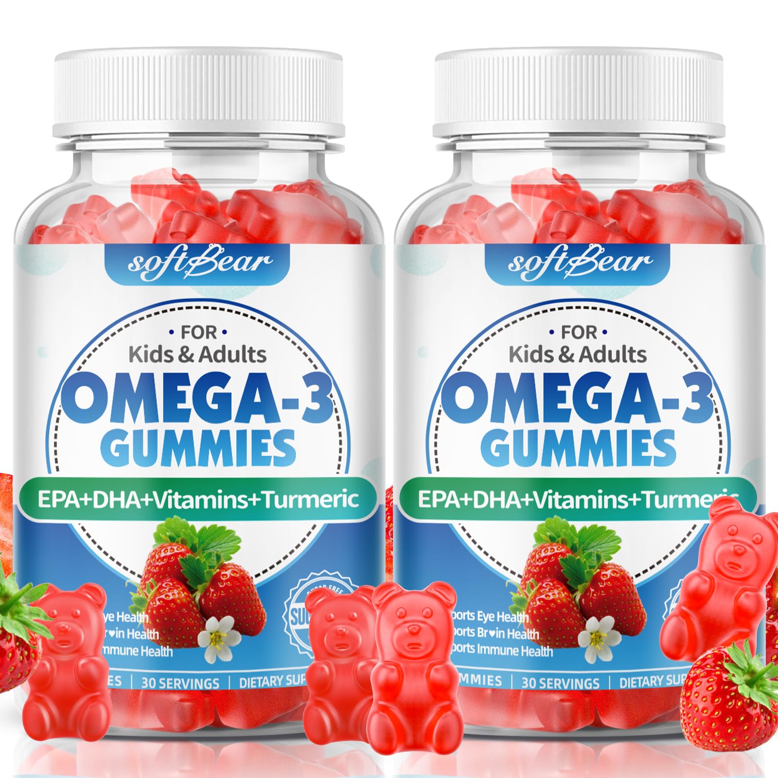 softbear Omega-3 Gummies bottle highlights a vegan EPA/DHA blend for eye and brain support