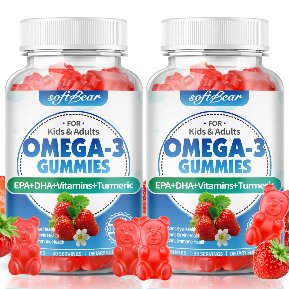 softbear Omega-3 Gummies bottle highlights a vegan EPA/DHA blend for eye and brain support