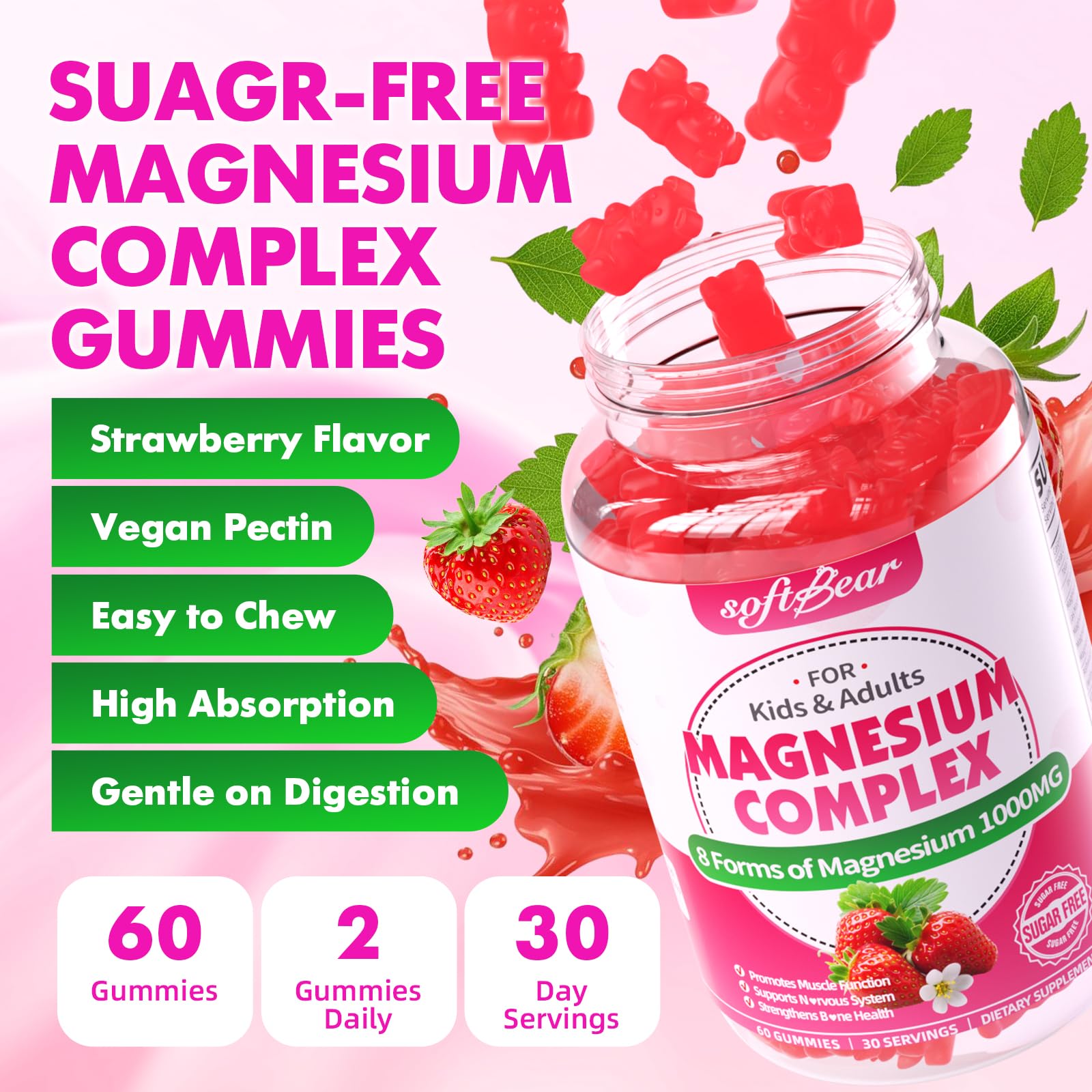 SoftBear organic vegan ingredients icons emphasize a clean, plant-based magnesium option.