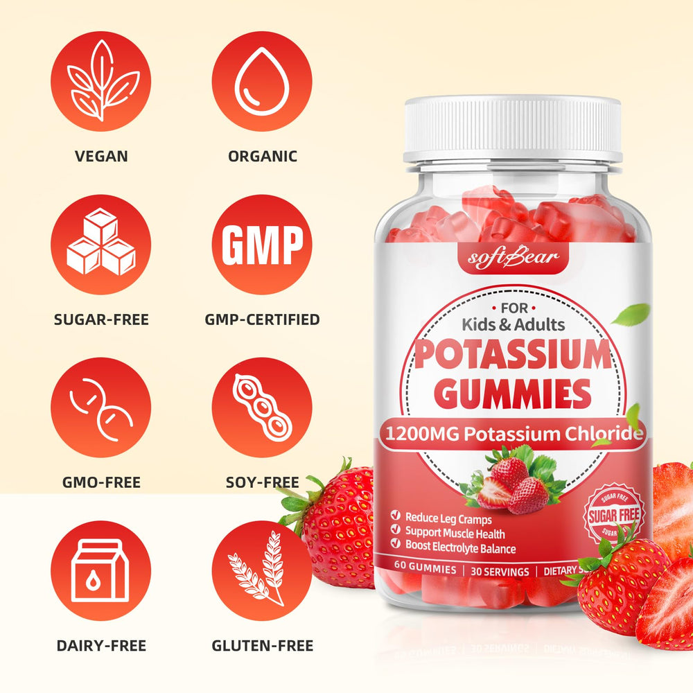 SoftBear Potassium Gummies gluten-free non-GMO badge highlights allergy-friendly option