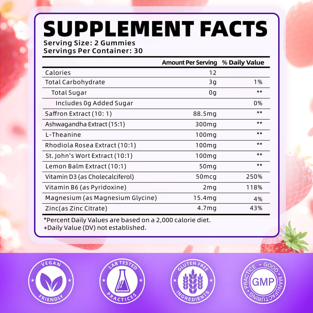 SoftBear saffron gummies 10-in-1 blend label highlighting 88.5 mg saffron extract