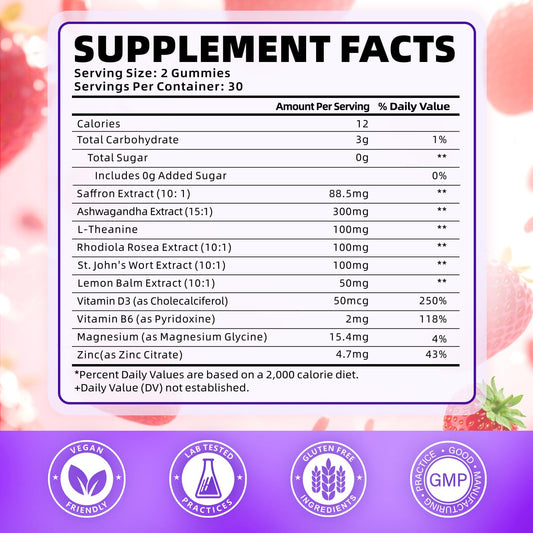 SoftBear saffron gummies 10-in-1 blend label highlighting 88.5 mg saffron extract