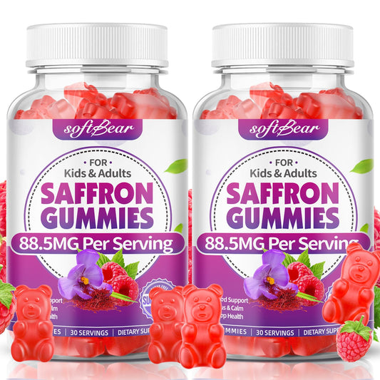 SoftBear saffron gummies bottle-front with raspberry flavor for daily family use.