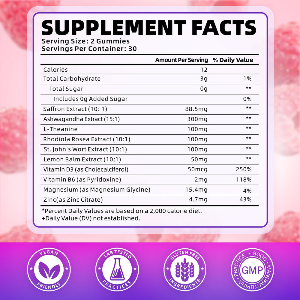 SoftBear saffron gummies bottle-back shows organic formula and sugar-free design.