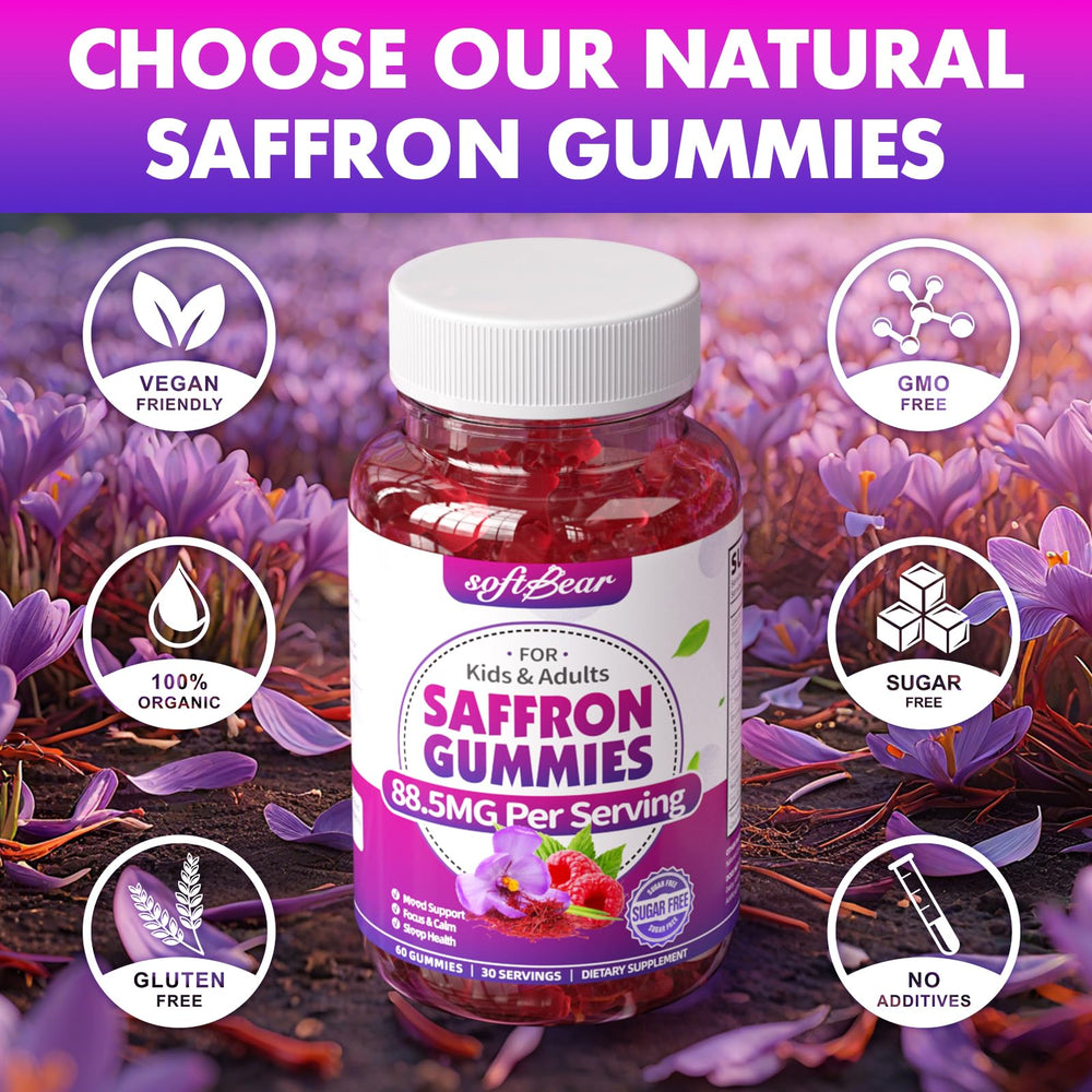 SoftBear saffron gummies on desk suggesting daytime focus support.