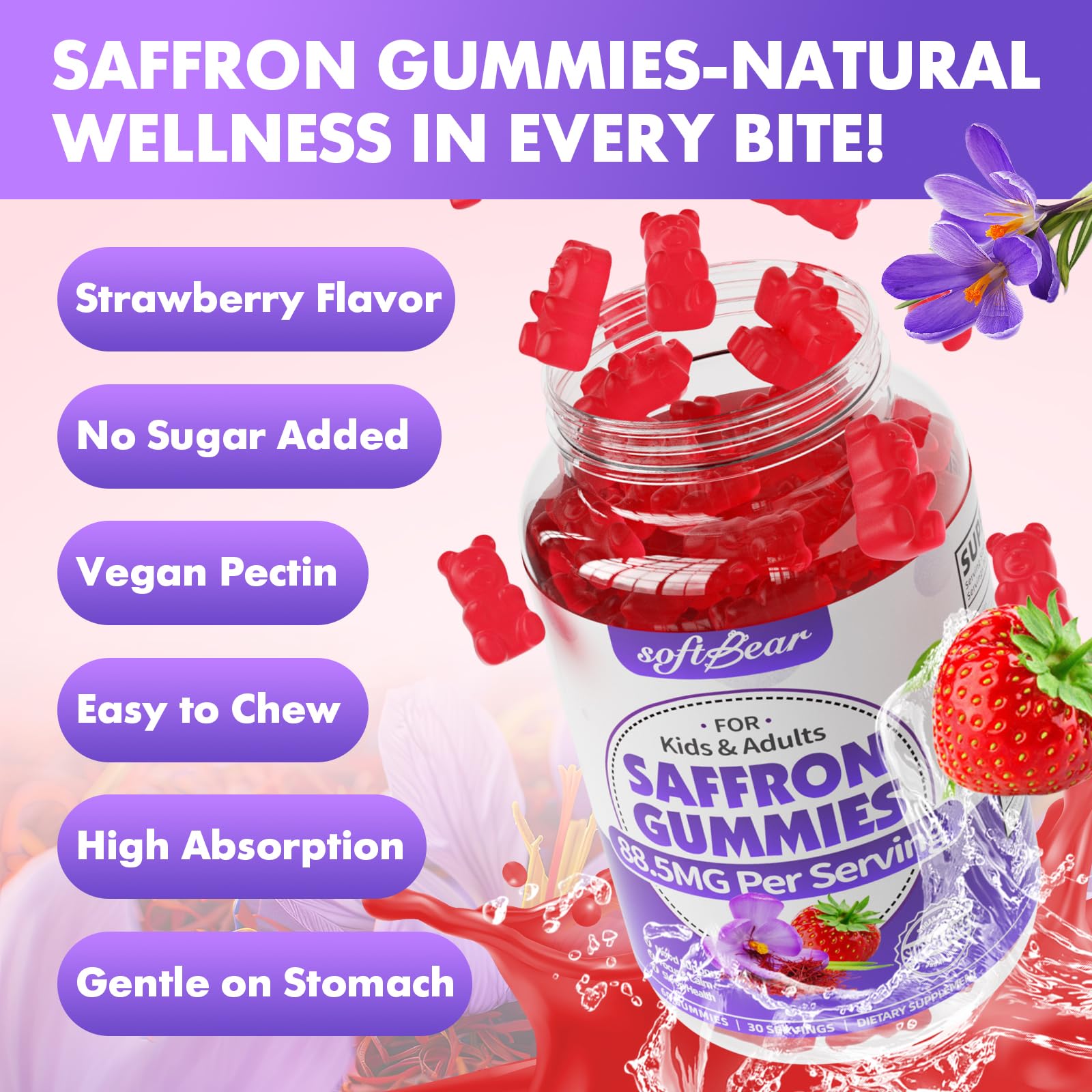 SoftBear saffron gummies organic, non-GMO, gluten-free badge on packaging