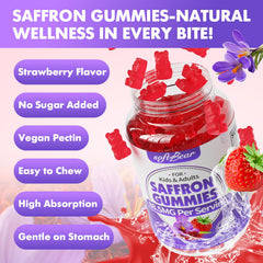 SoftBear saffron gummies organic, non-GMO, gluten-free badge on packaging