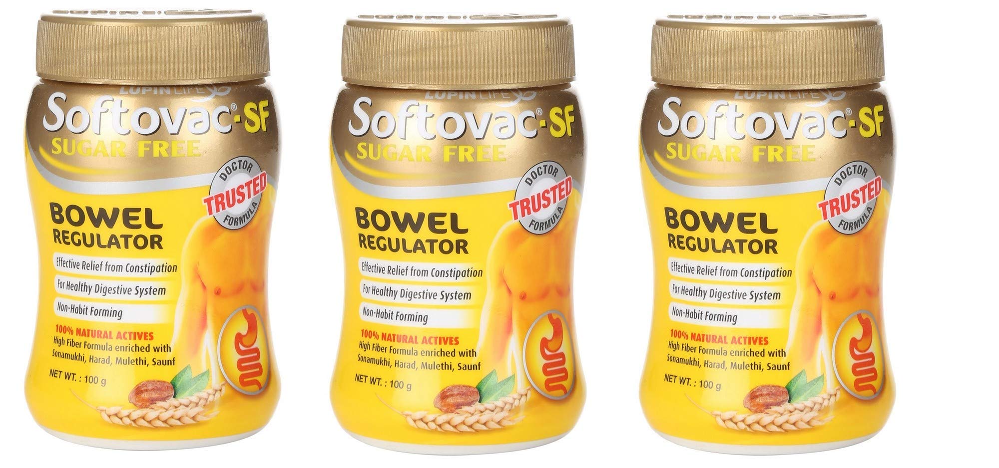 Softovac-SF measuring scoop shows dosage guidance for daily use.