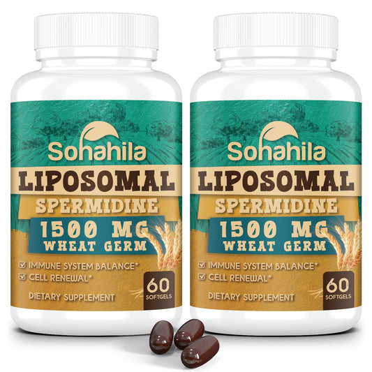 Sohahila Spermidine bottle label with 15 mg per serving showing product details.