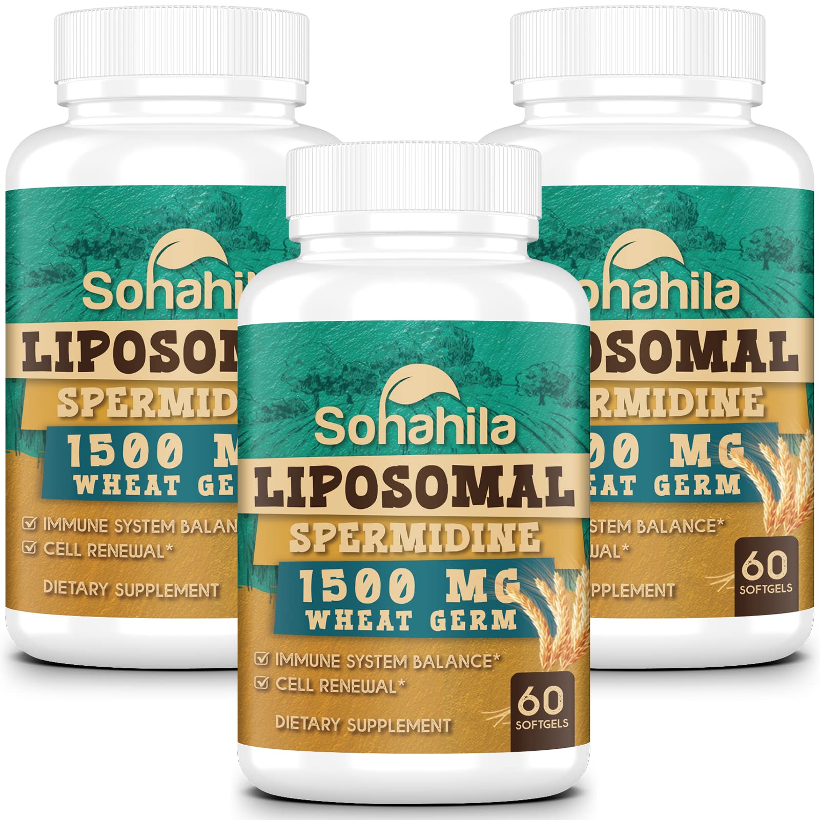 Sohahila spermidine softgel bottle front highlighting high-absorption formula for cellular support.