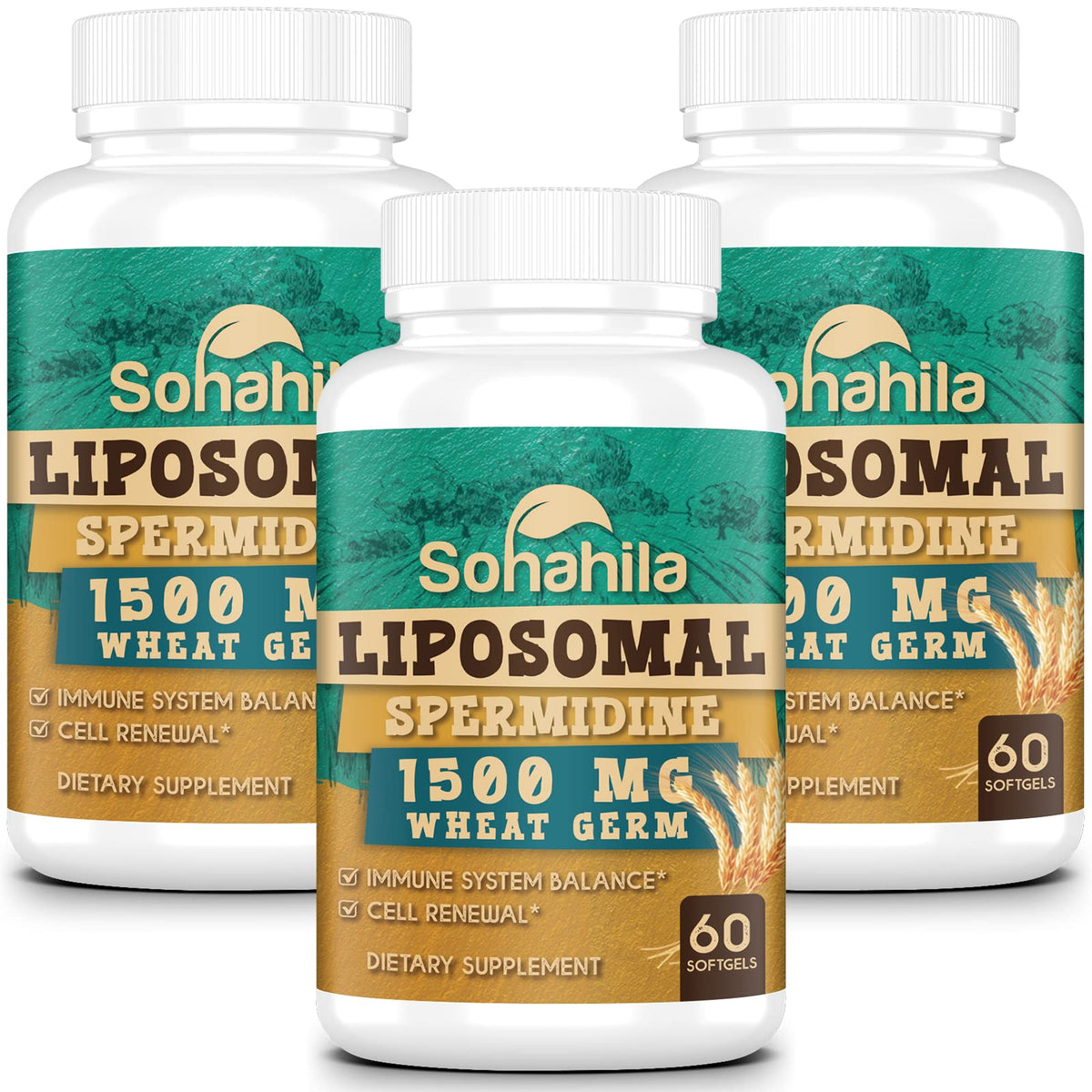 Sohahila spermidine softgel bottle front highlighting high-absorption formula for cellular support.