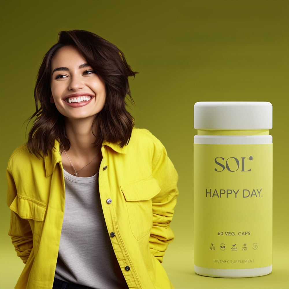 Illustration of Sol Nutrition Happy Day ingredients featuring Collective Happiness Bark, astragalus, and gingko.