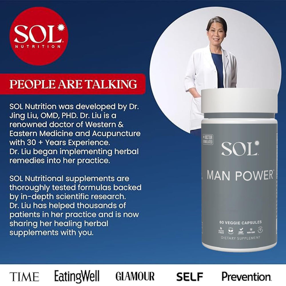 Sol Nutrition Man Power capsules ready for daily energy and focus support