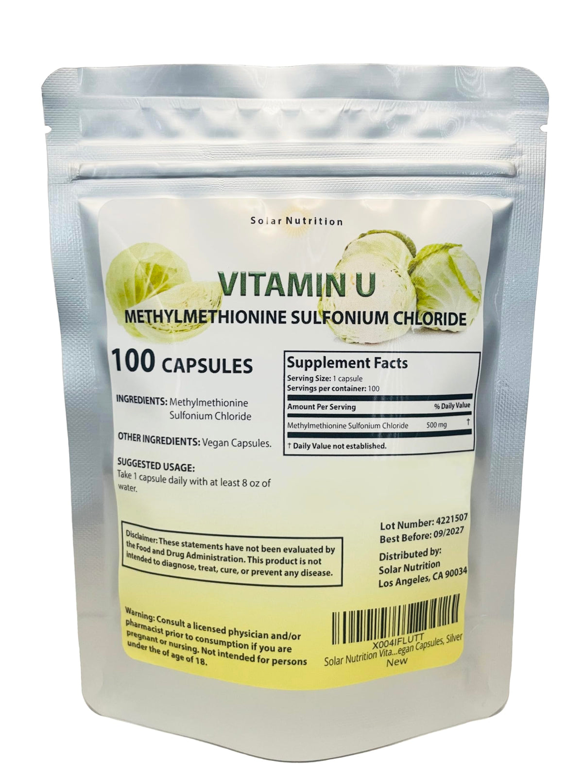 Solar Nutrition Vitamin U bottle with 500 mg capsules for daily wellness